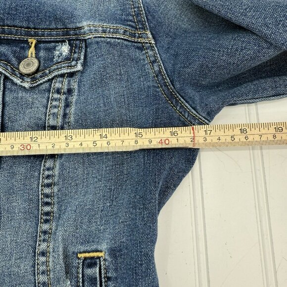 Old Navy Denim Trucker Jacket Size XS Blue Jean Dark Worn Wash Distressed Y2K - Picture 4 of 7
